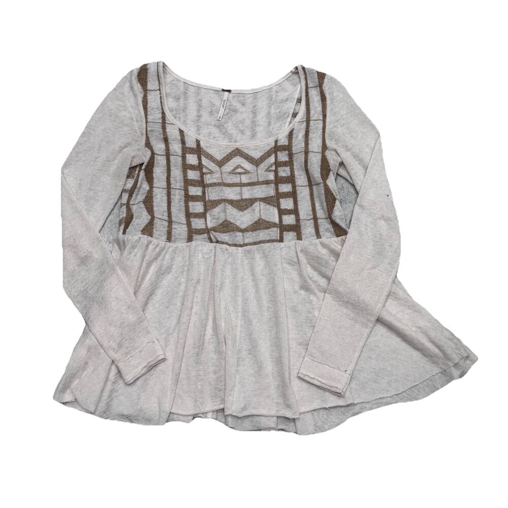 Free People Ivory Aztec Print Peplum Babydoll Top Long Sleeve Scoop S Boho